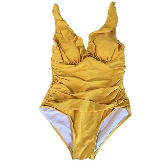 DKNY Swimsuit Womens Size 14 Yellow One Piece Ruching Straps Ruffles Designer - Picture 1 of 11
